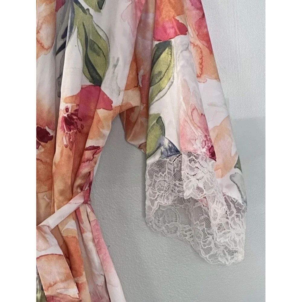 Linea Donatella Robe Womens S/M Watercolor Floral Satin Lace Trim Belted Kimono